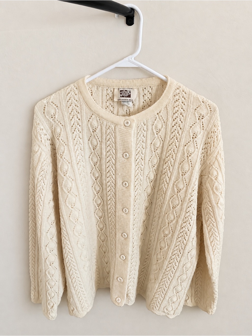 Sears Roebuck and Co. Cream Cable Knit  Vintage Cardigan Sweater, Size 46
